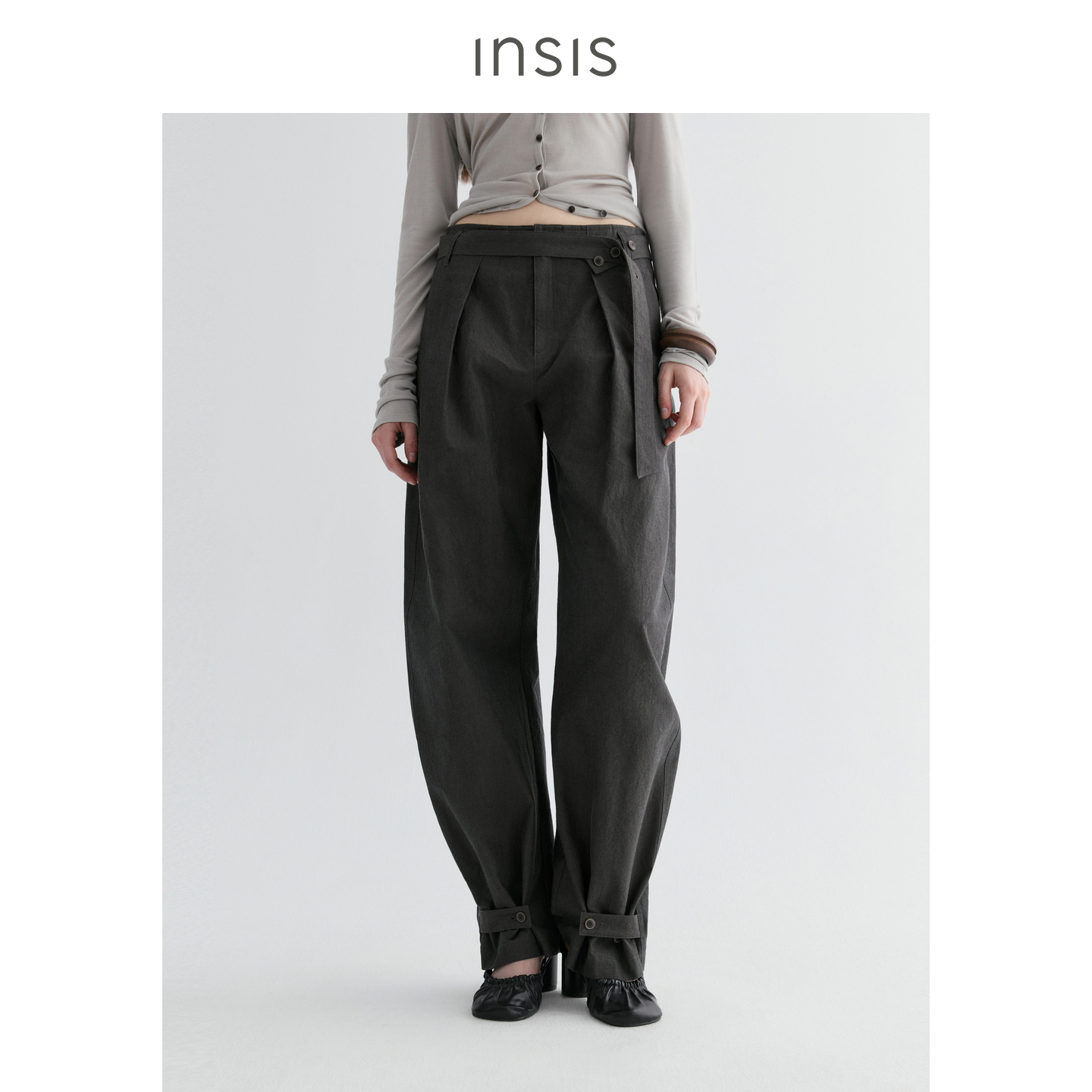 INSIS FEMME水洗纯棉2025秋复古文艺腰带扣饰弧形束脚口弧形裤女