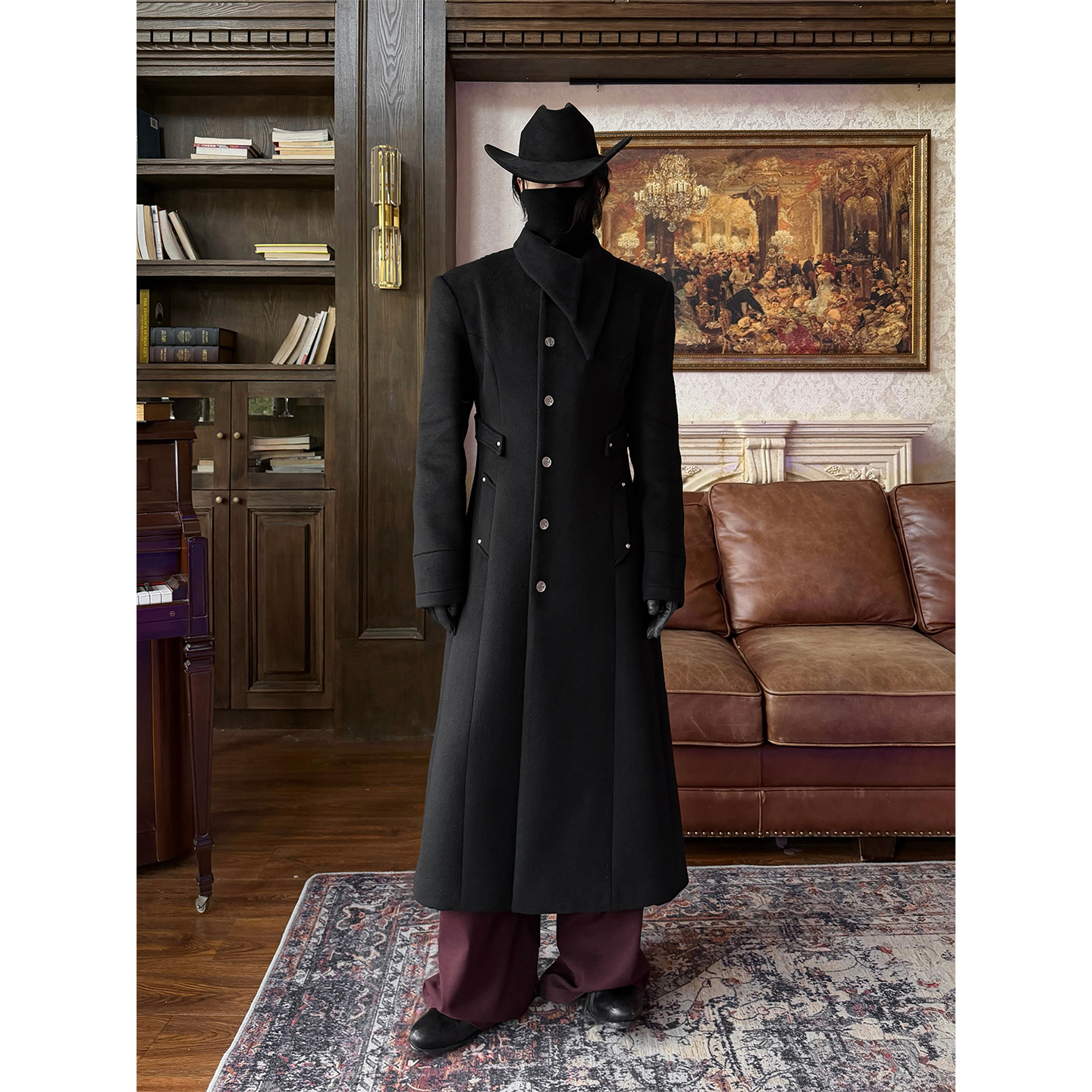 BALITONE“信使”黑色交叠领羊毛混纺收腰长款大衣秋冬呢子冬季外套