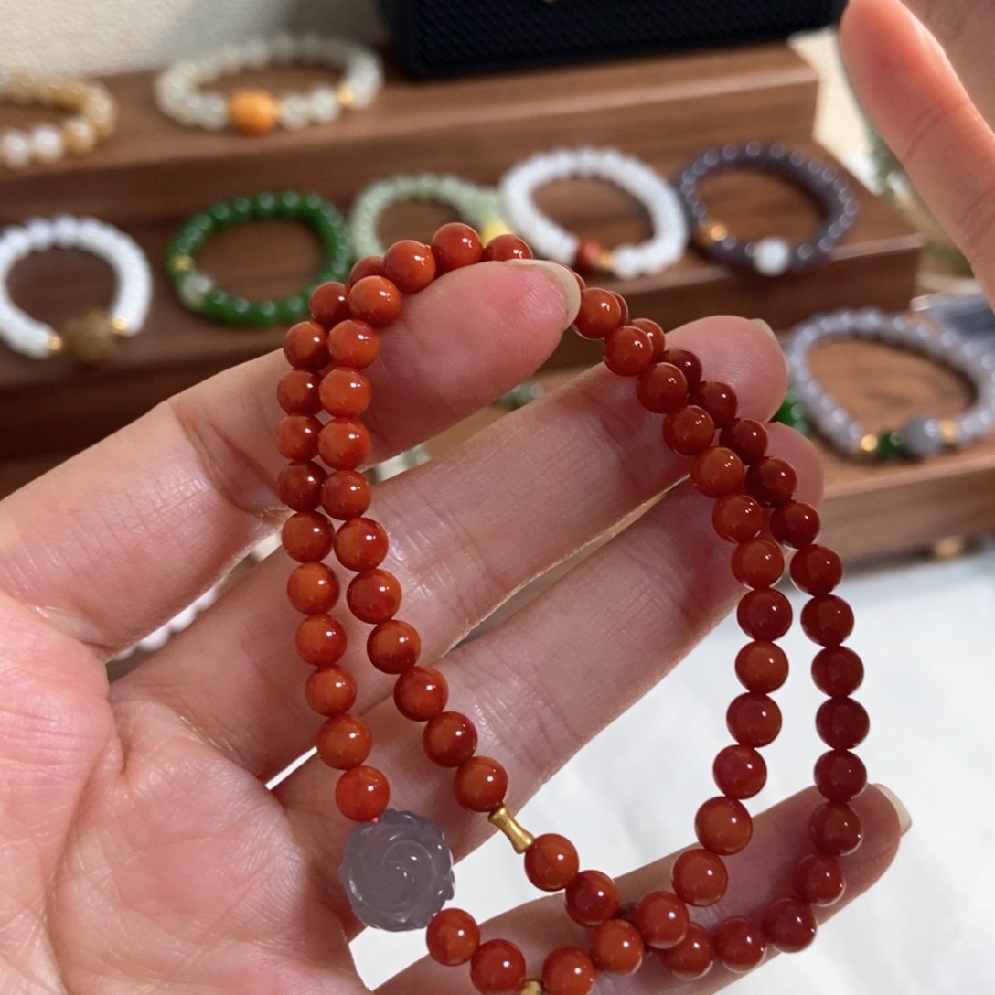 南红玛瑙手链18K金镶嵌5mm南红双圈