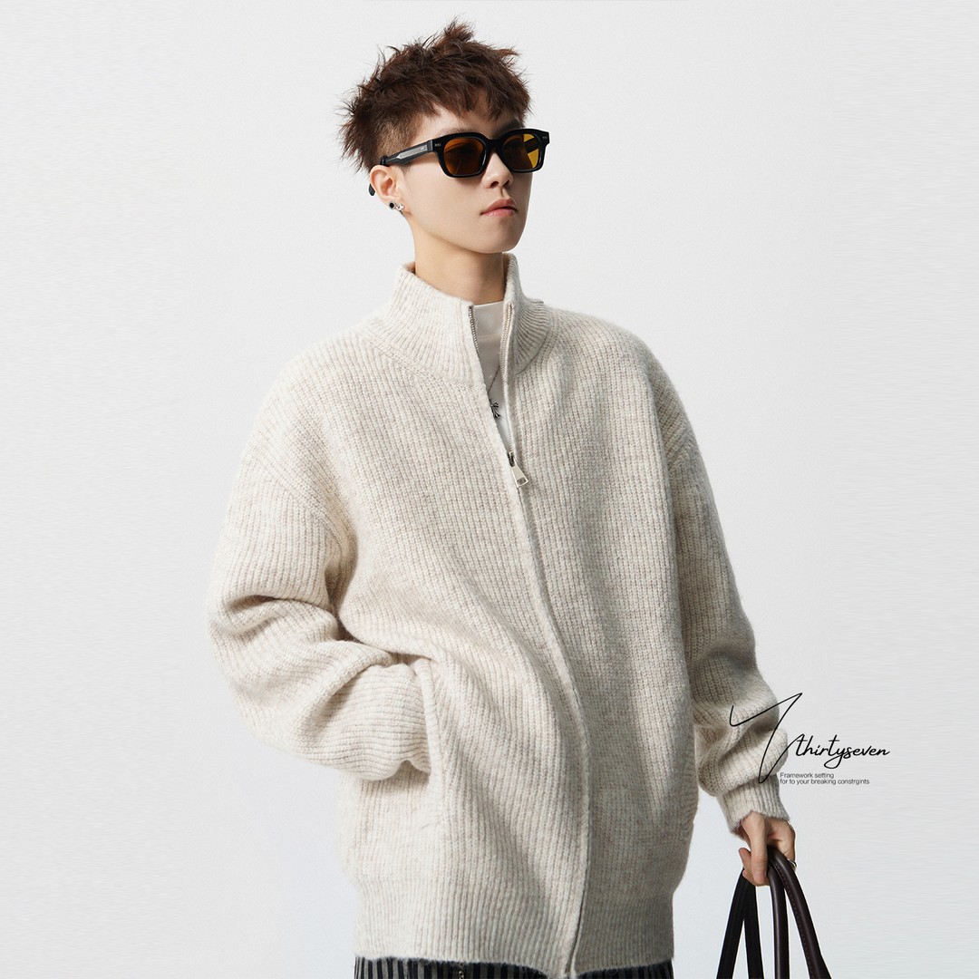 美式重磅复古双拉链毛衣开衫男秋季慵懒风宽松加厚针织衫外套