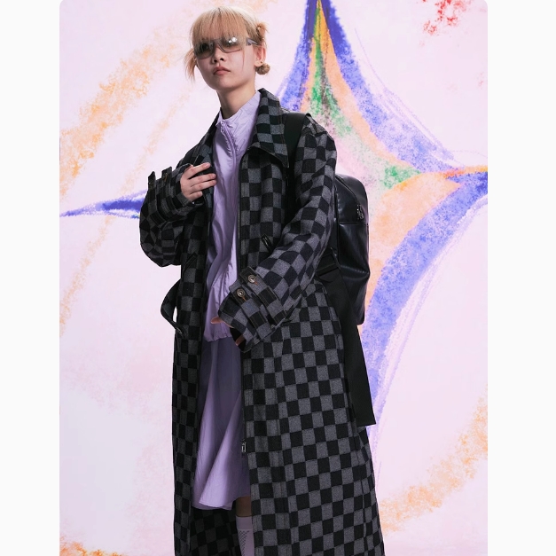 【自播】Oink oink 设计复古翻领大廓型扎染格子长款牛仔风衣外套女