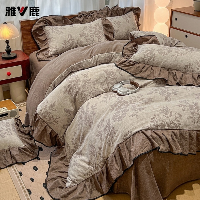 V/雅鹿秋冬克加厚水洗原麻复古风水洗双层纱印花四件套