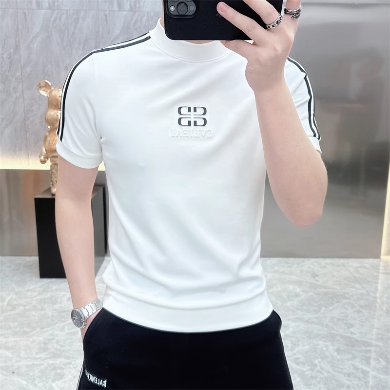 2025欧货轻奢男士针织冰丝短袖T恤印花百搭夏季条纹半袖上衣25250