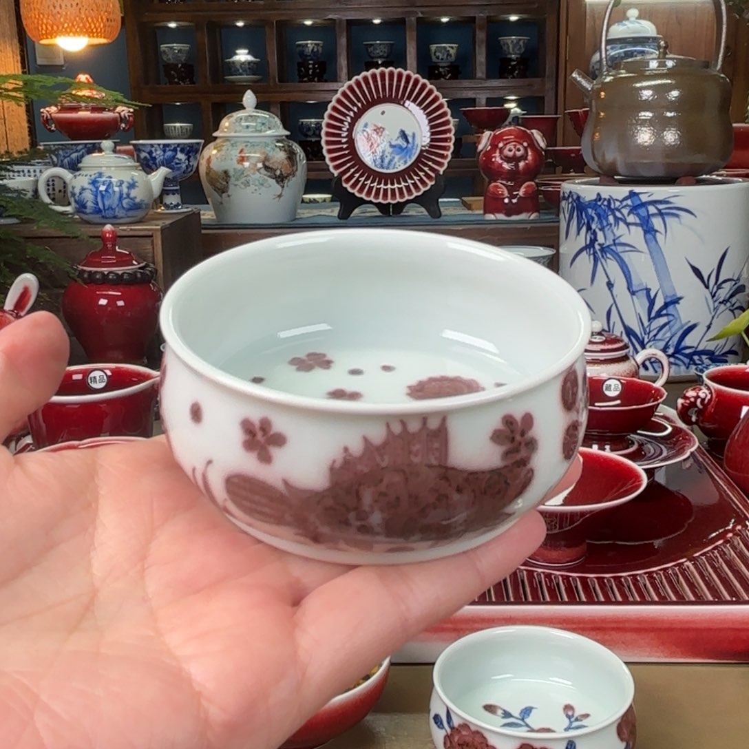 闻轩坊原矿釉里红 鱼藻卢士杯