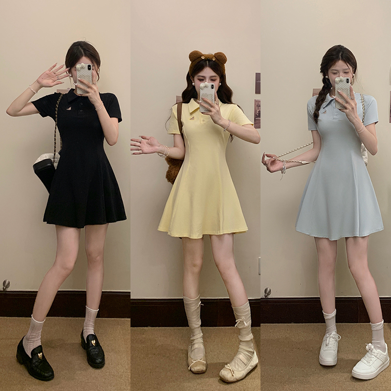 2025夏装新款胖mm大码女休闲设计感polo领收腰显瘦连衣裙22012