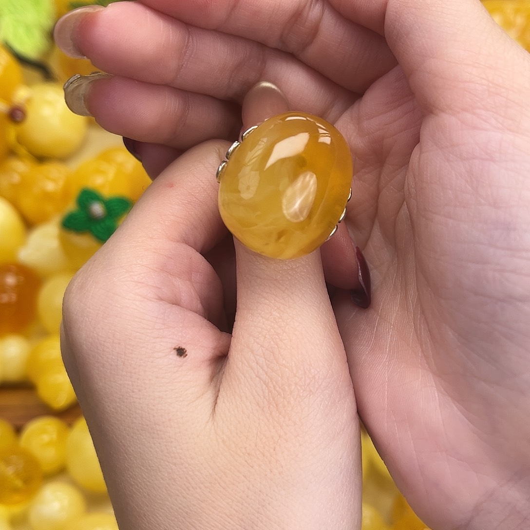 裸石琥珀银S925镶嵌蛋面戒指7.7g