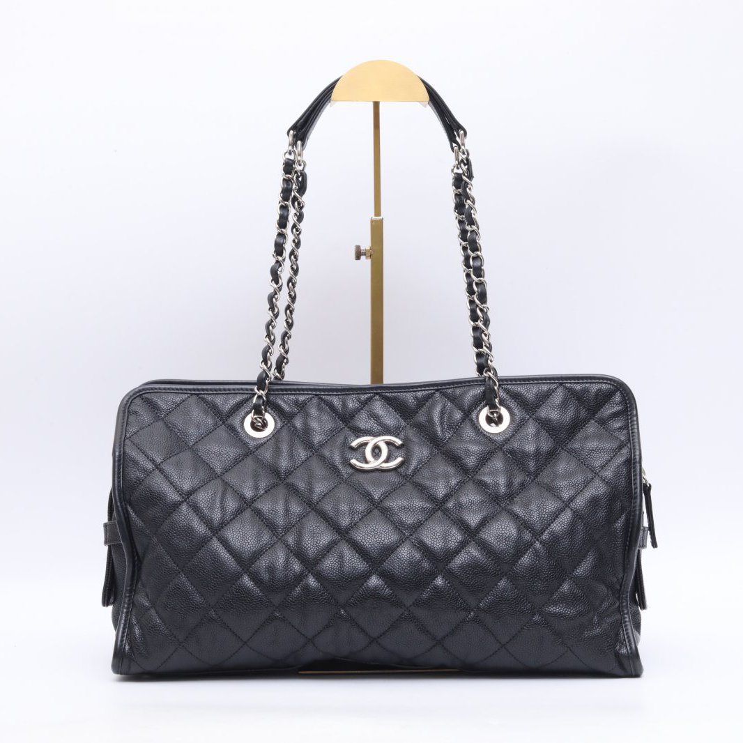 95新 Chanel/香奈儿 小花双双 黑银荔枝牛购物袋 17开银扣