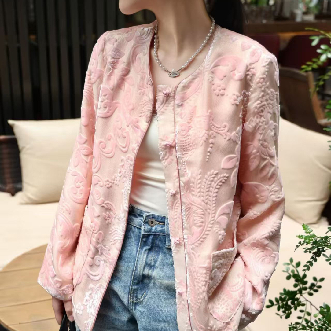 【粉黛外套】玛薇丝国风圆领丝绒闪金烧花双面双穿外套