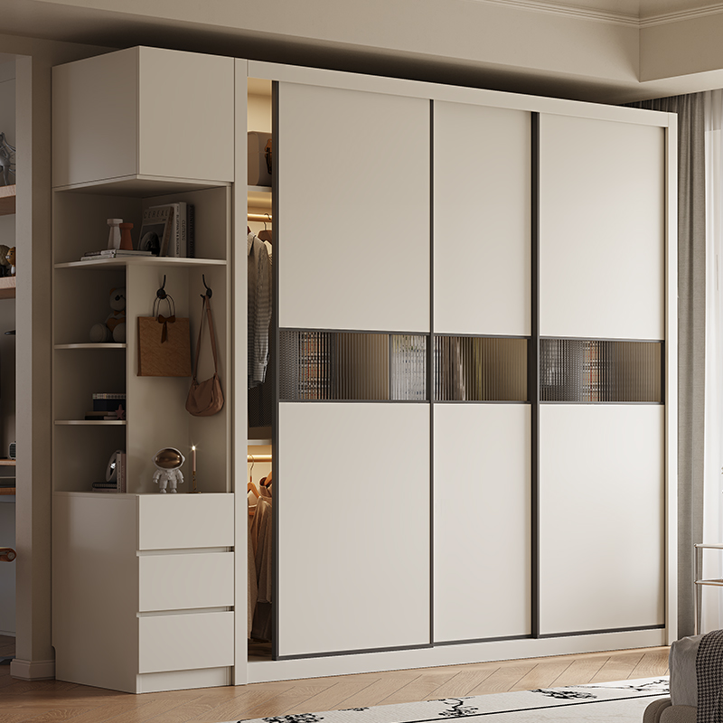 木屋岛屿实木橡木推拉门衣柜家用卧室现代简约滑移门白色大衣橱