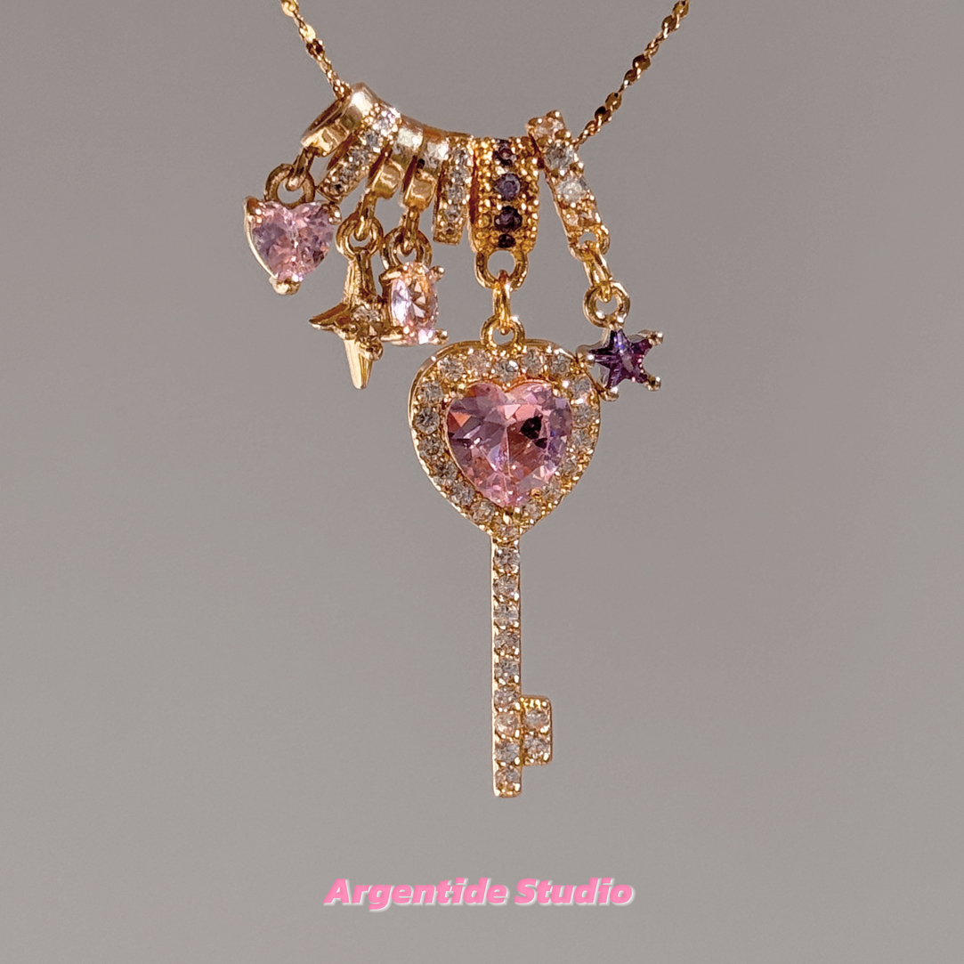 不锈钢项链 恋恋蜜钥| 粉色爱心闪钻钥匙项链美式甜心ins