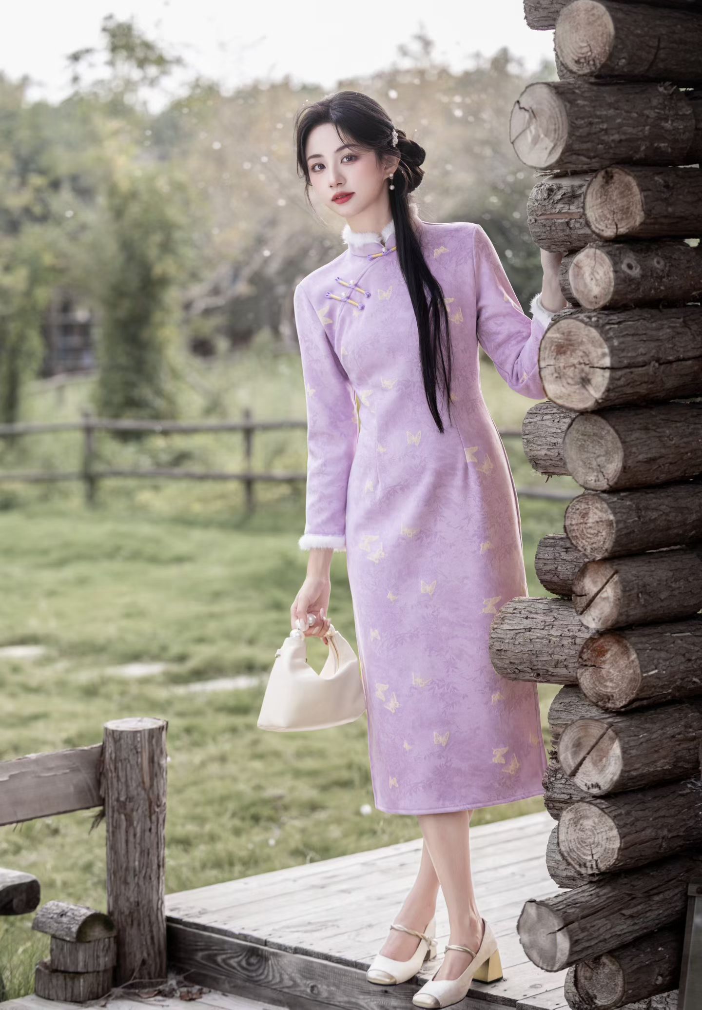 秀懿旗袍 丨紫蝶）120cm冬款温婉中式改良加绒显瘦复古网红旗袍