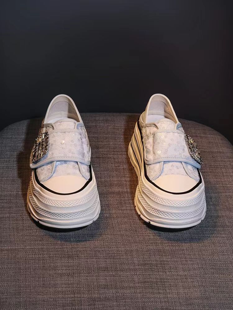 蕾丝韩版厚底水钻魔术贴鞋子懒人鞋休闲鞋时尚休闲鞋透气百搭2025