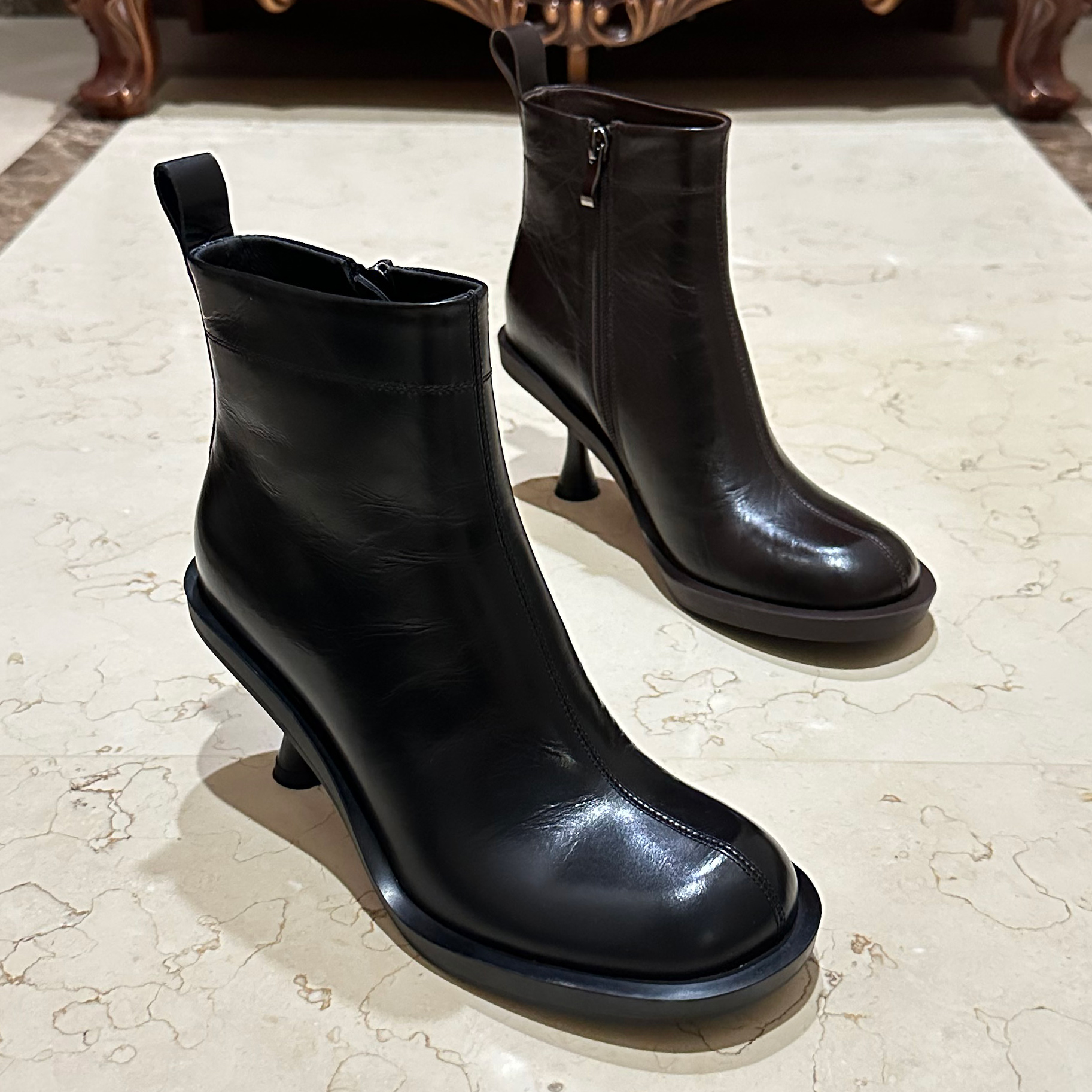 【冬季新款】秋冬时装靴巨软胎牛皮圆头细高跟真皮加绒女士短裸靴