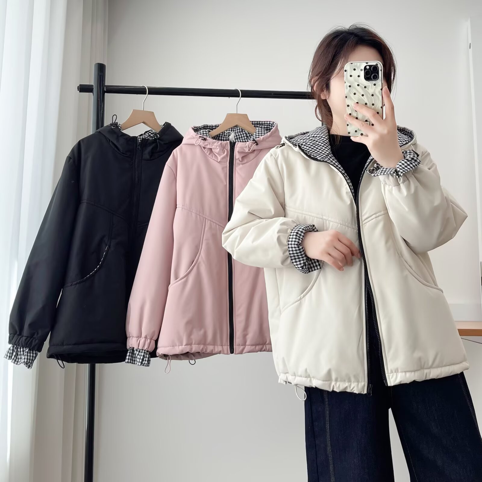 加肥加大码秋冬款连帽撞色保暖棉衣拉链防风加棉加厚棉服休闲外套