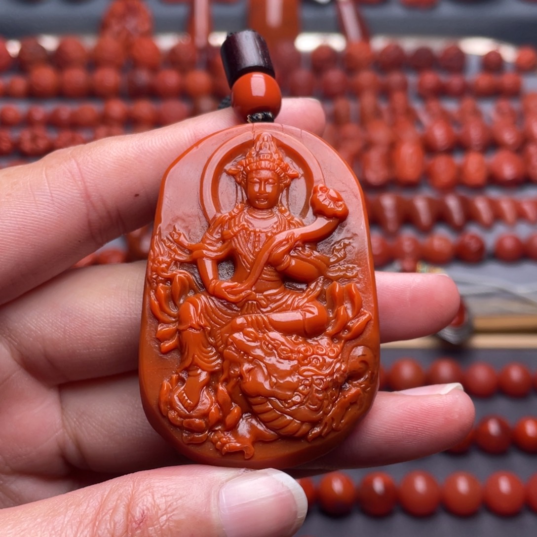 南红玛瑙未镶嵌其他W54*37*12瓦西柿子红文殊菩萨吊坠