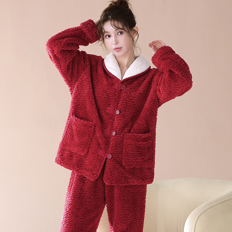 【双面提花绒】暖绒保暖法兰绒家居服睡衣套装秋冬天女士新款可外穿