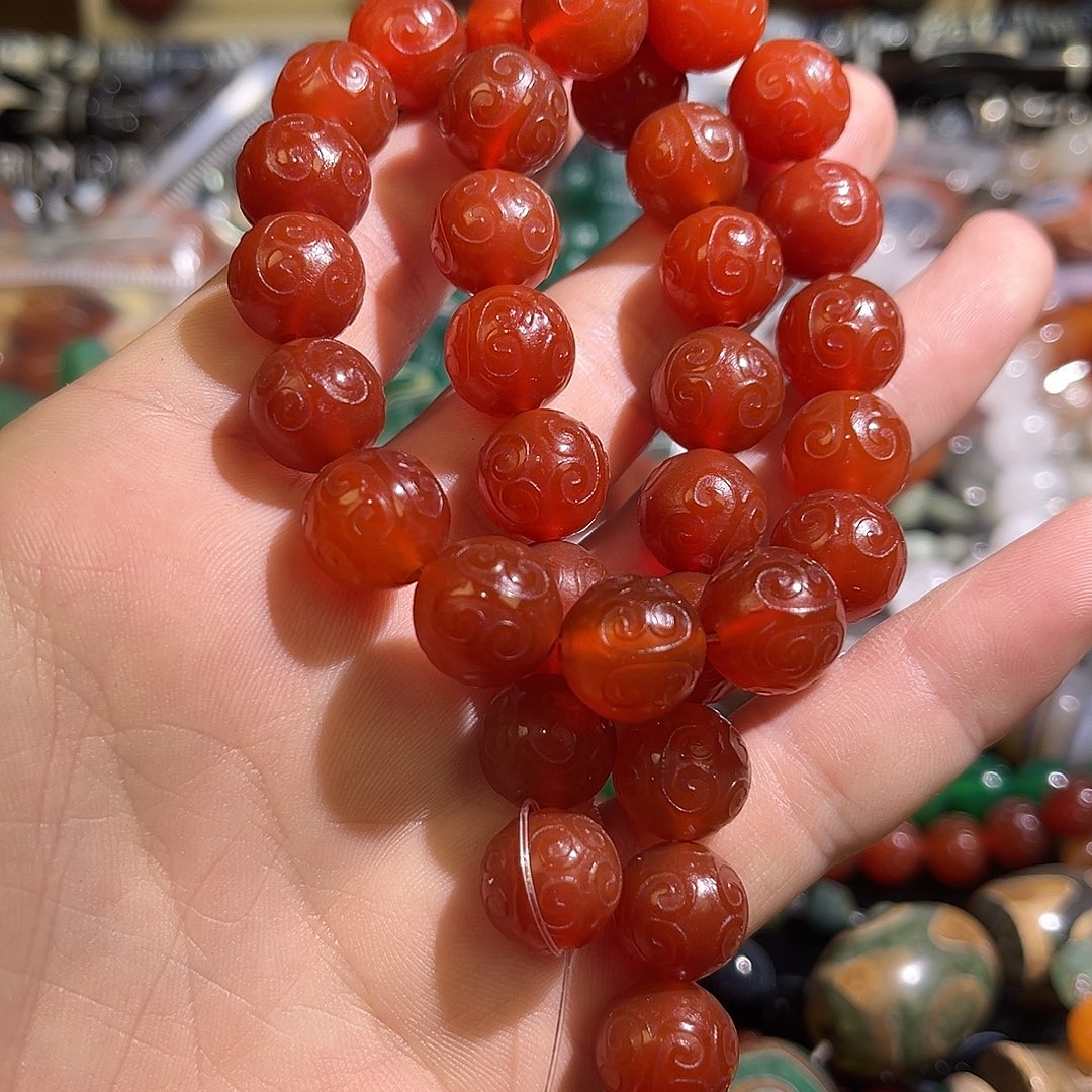 玛瑙/玉髓未镶嵌珠宝半成品回纹红玛瑙卡12mm