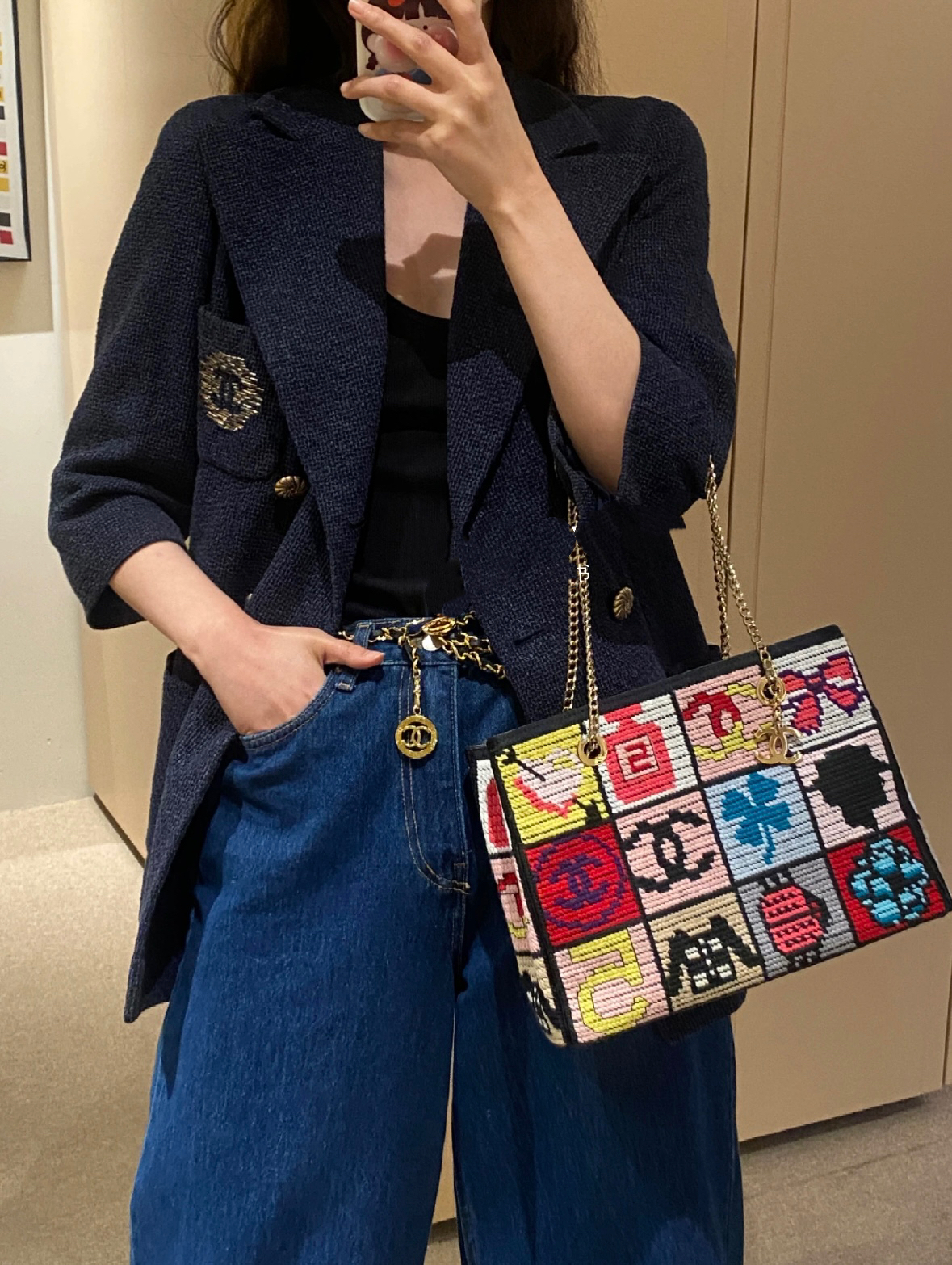 99新 Chanel/香奈儿 藏青粗花呢双排扣徽章中袖外套 38码 02932 