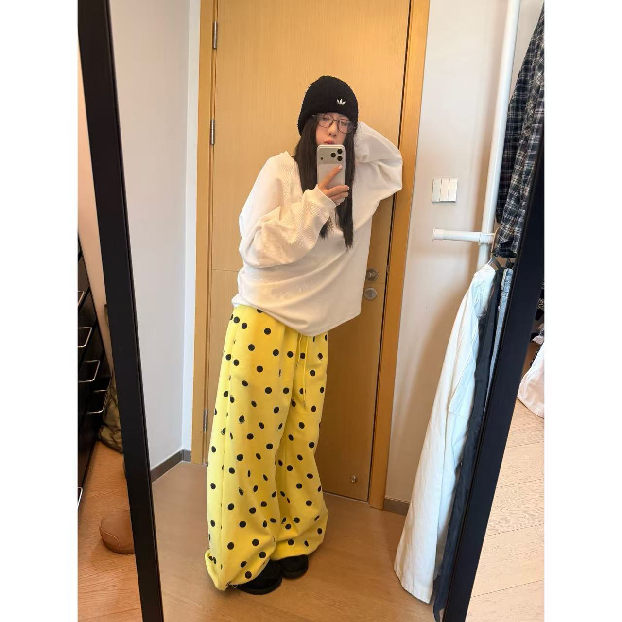 【陈碗饭】波点休闲长裤印花直筒抽绳松紧176