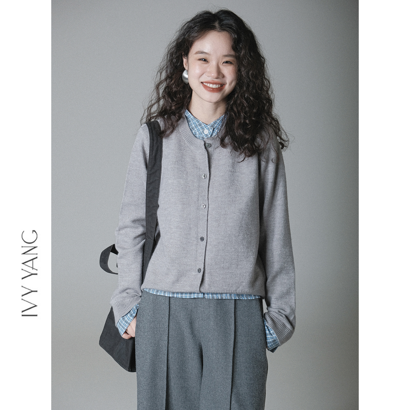 IVY YANG假两件格纹拼接单排扣针织开衫毛衣