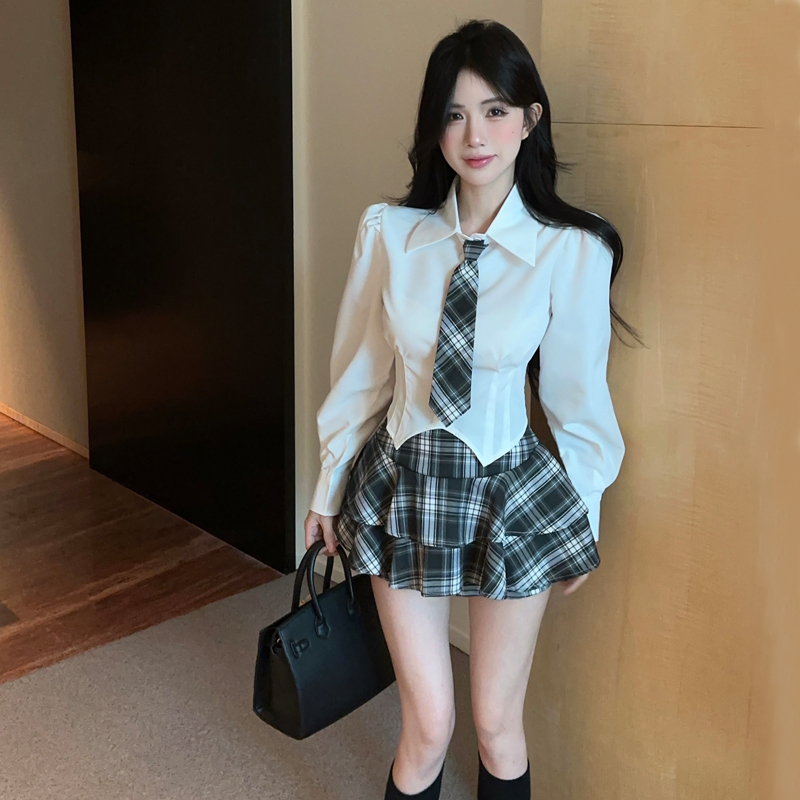 学院风纯欲jk制服套装女收腰显瘦长袖衬衫格纹百褶半身短裙两件套