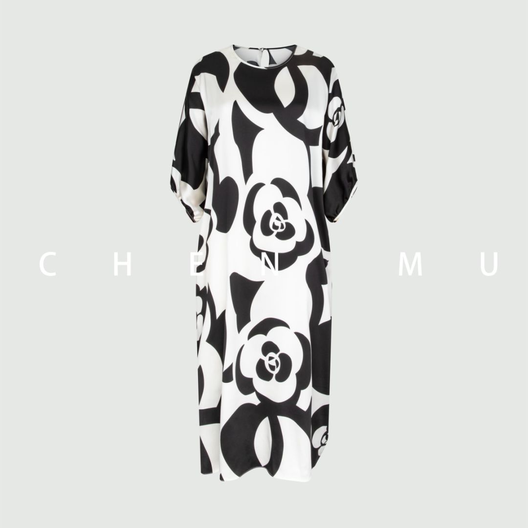 【宸慕】高端重磅山茶花设计新款桑蚕丝连衣裙25025