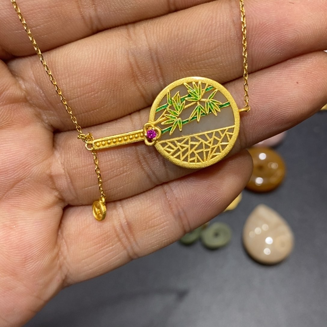 和田玉颈饰银S925镀金镶嵌