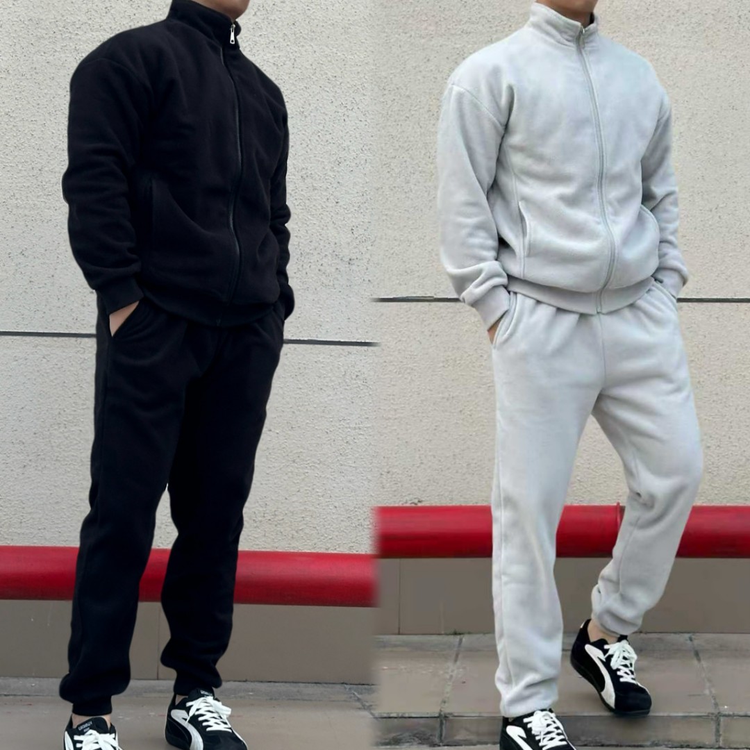 新款肌肉运动健身两件套大码男摇粒绒立领长袖上衣长裤宽松休闲潮