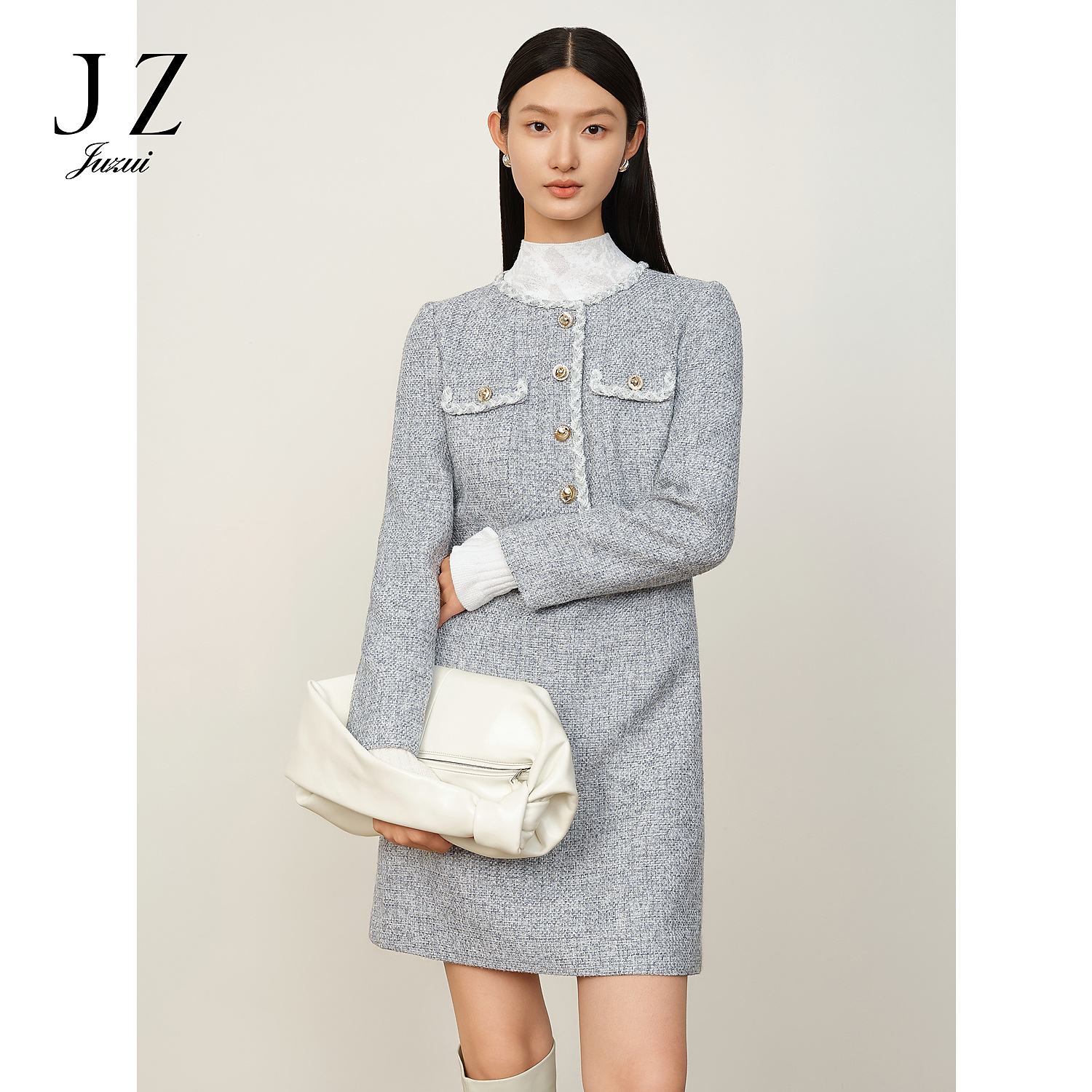 【籽言专属】玖姿安娜蔻JTDD50005香风金属扣圆领假两件连衣裙女冬