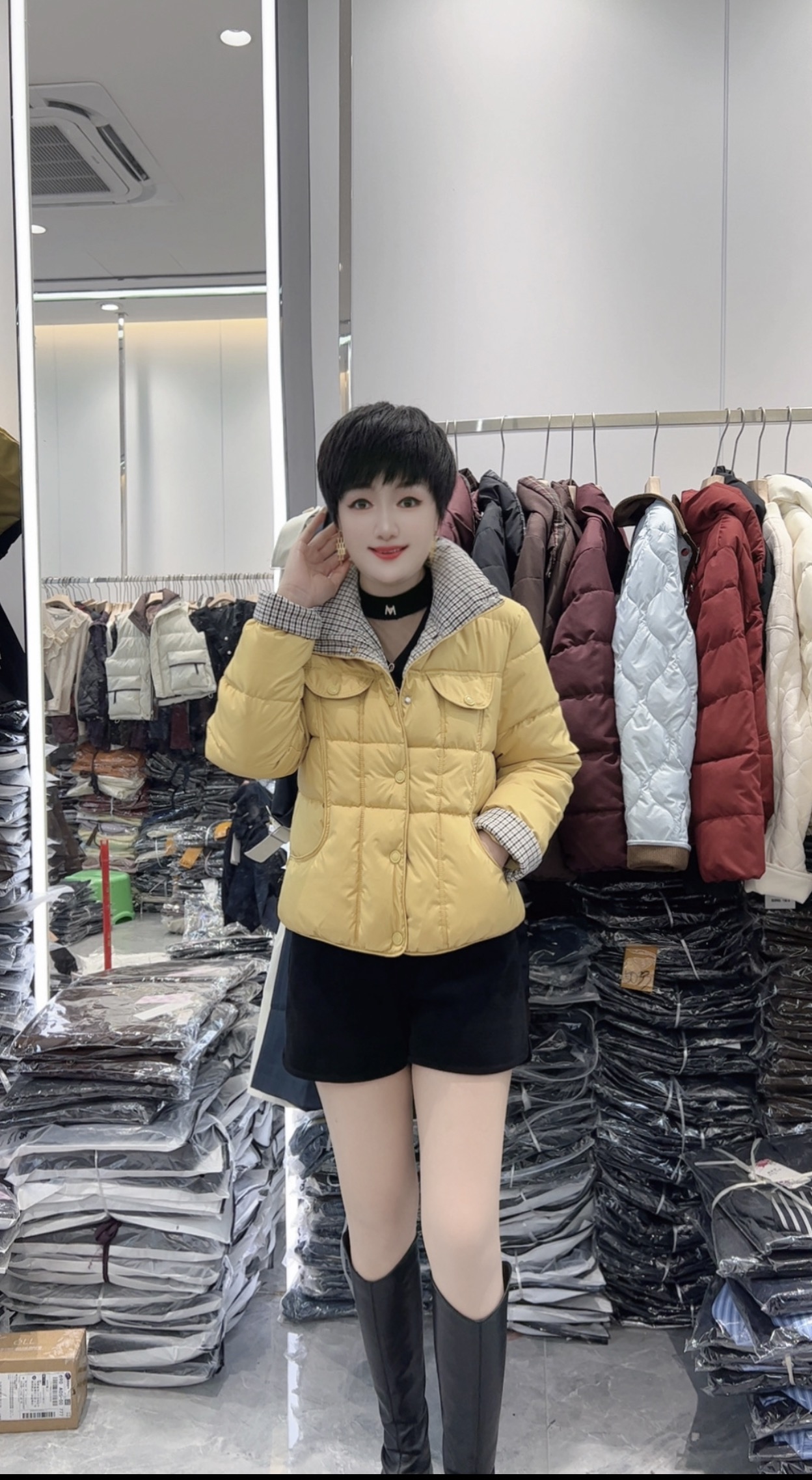 网红女保暖拼接棉衣休闲短款格子百搭立领棉服