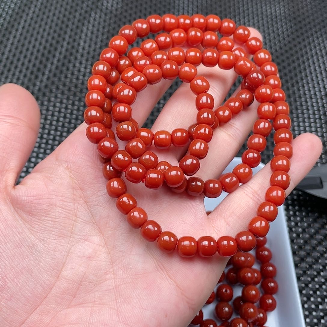 南红玛瑙7mm柿子红老型108长链未镶嵌江**梦