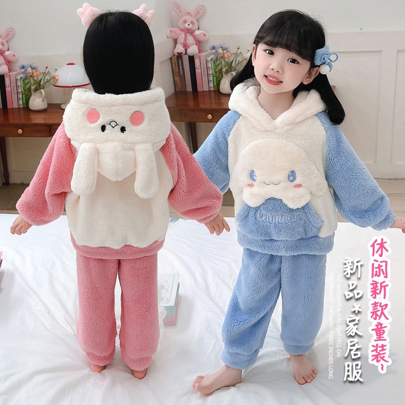 1246女童秋冬季新款珊瑚睡衣加厚保暖套装儿童宝宝法兰绒家居服