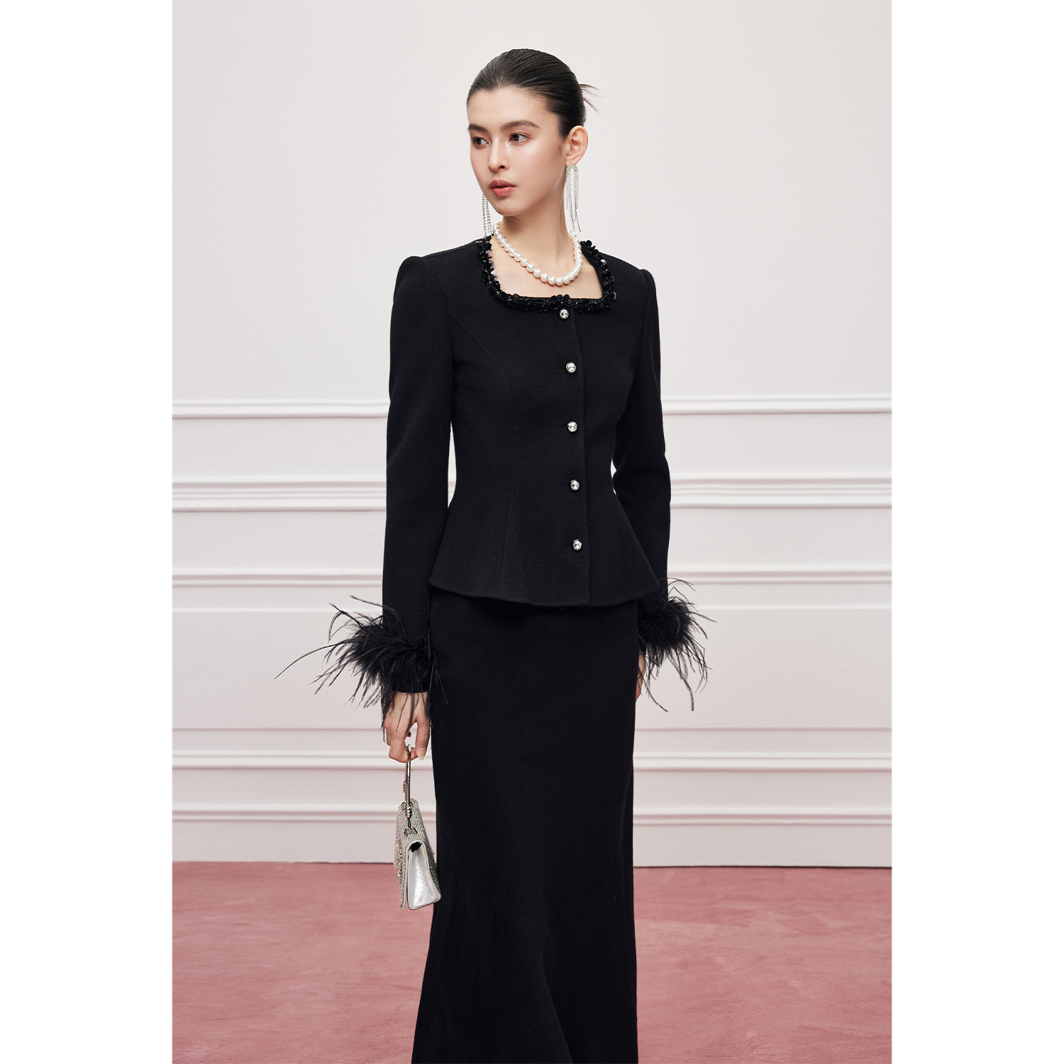 MandyZhang钉珠毛呢外套女冬气质羽毛袖双面呢大衣