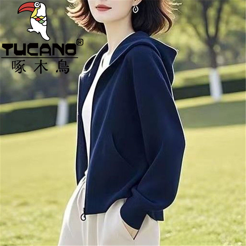 啄木鸟纯棉秋冬季外套女款长袖大码宽松卫衣中老年妈妈装纯色连帽