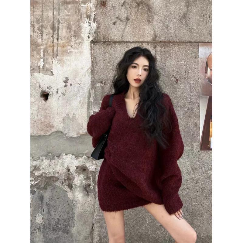 【羊毛圈圈纱】时尚慵懒风V领上衣+短裙套装针织套装韩系穿搭一整套