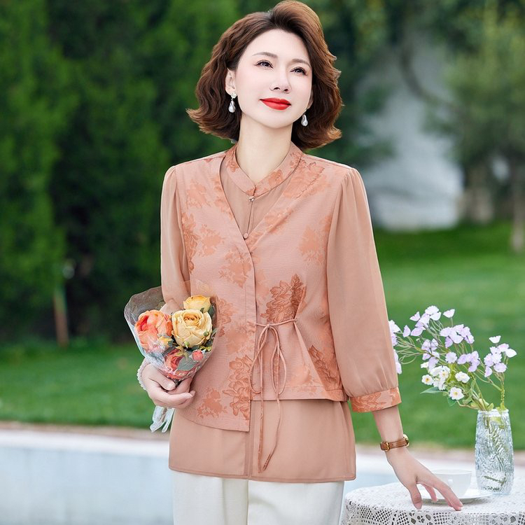 2025春夏新款民族风新中式妈妈装时尚休闲气质雪纺衬衫假两件上衣