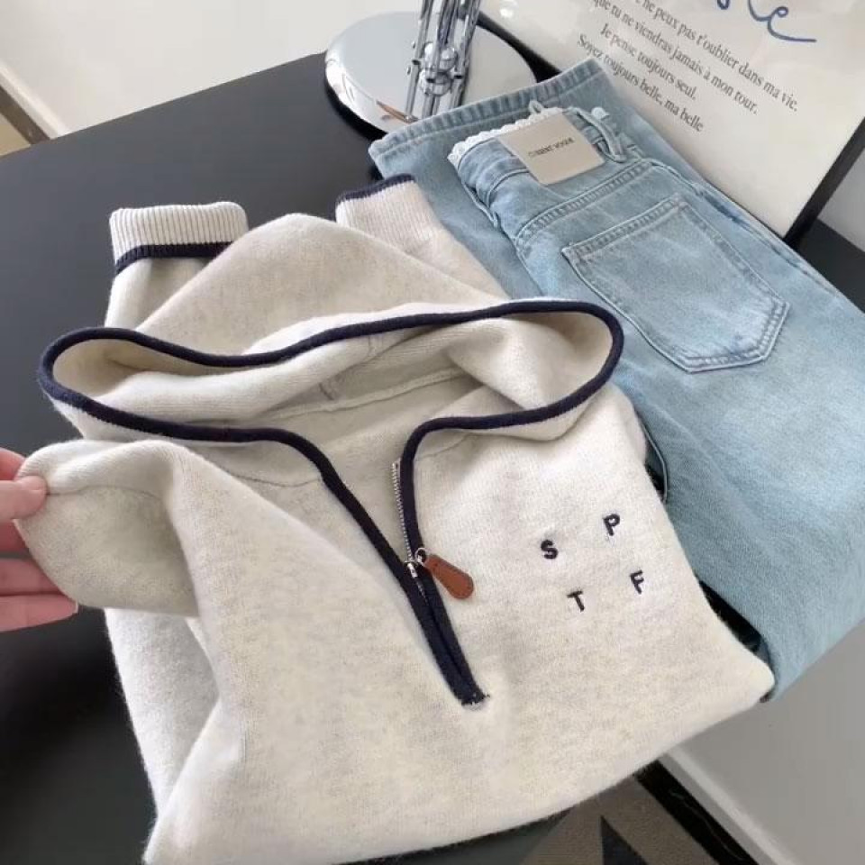 韩系半拉链内搭毛衣女秋冬季撞色边刺绣字母爱连帽假两件针织上衣