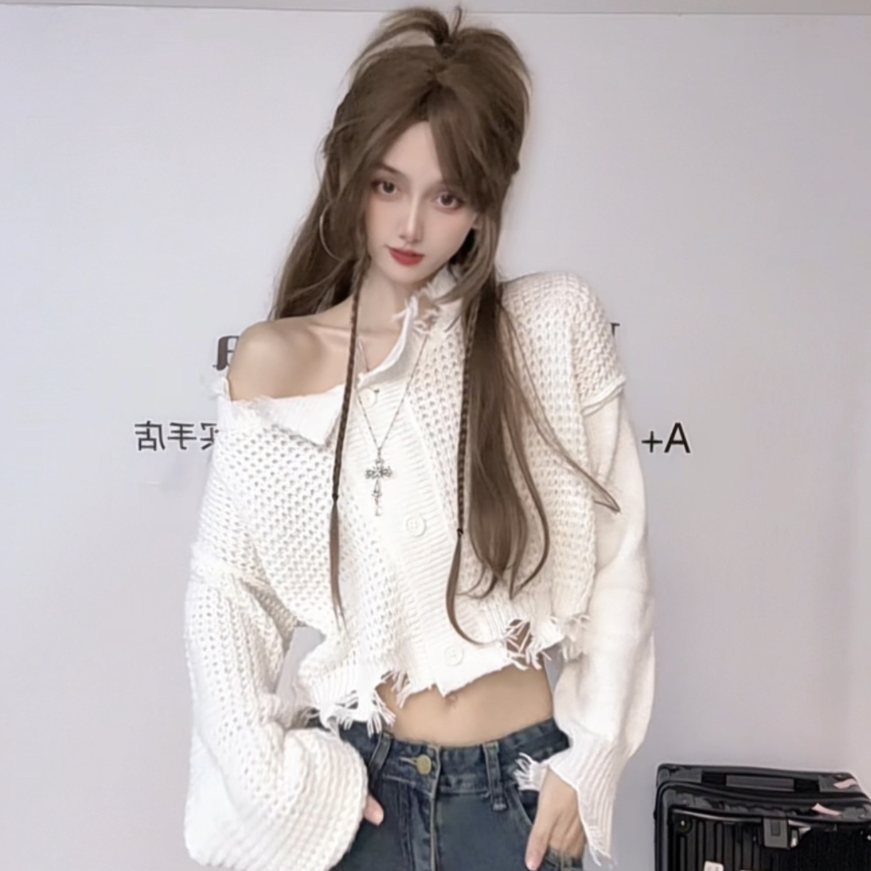 【Ann】“美神天赋”软糯双层白镂空针织毛衣星星蓝调牛仔阔腿裤套装