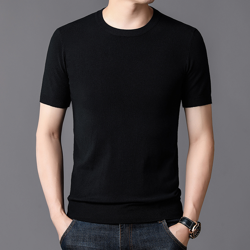 春秋男士丝光羊毛针织衫薄款纯色圆领修身夏季百搭休闲半袖潮流