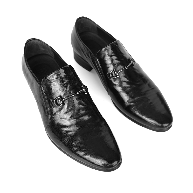 男士黑色尖头皮鞋套脚英伦风商务休闲中跟粗跟结婚鞋