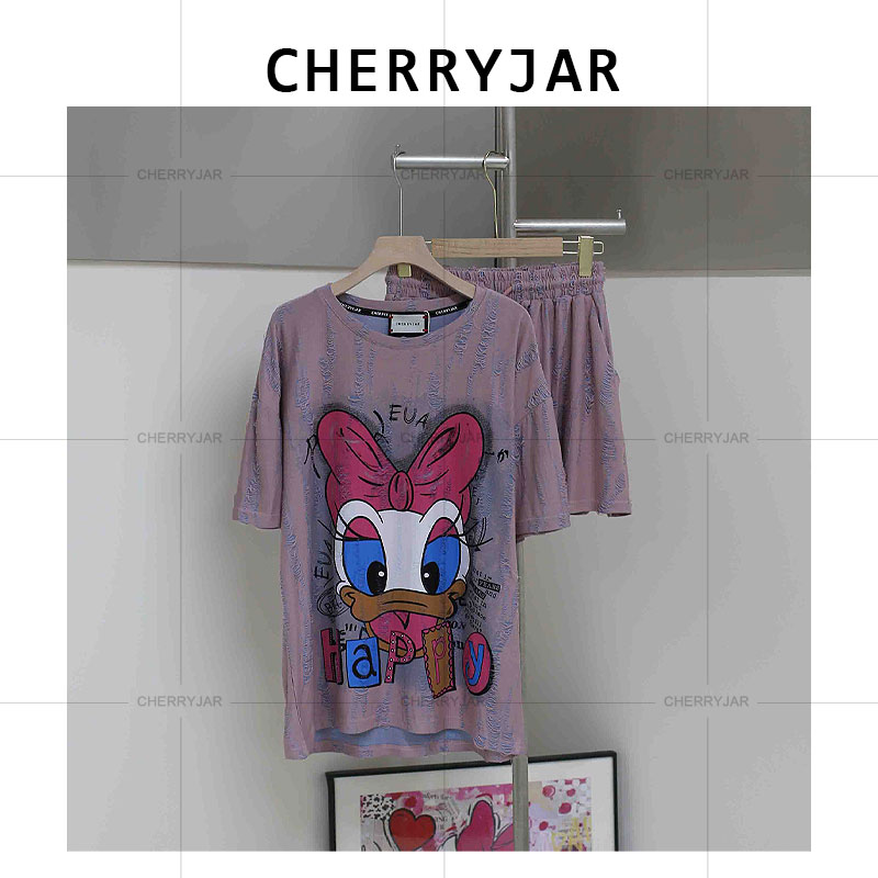 Cherryjar【25706】时尚卡通黛丝鸭印花短袖夏季磨破宽松套装百搭