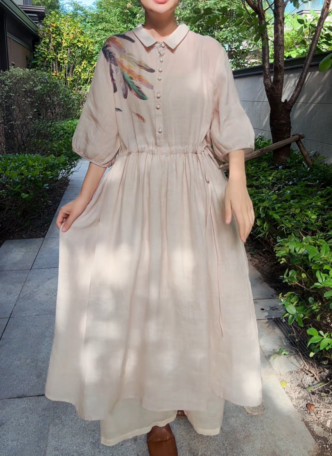 凤羽-100%斜纹苎麻手绘工艺连衣裙25065