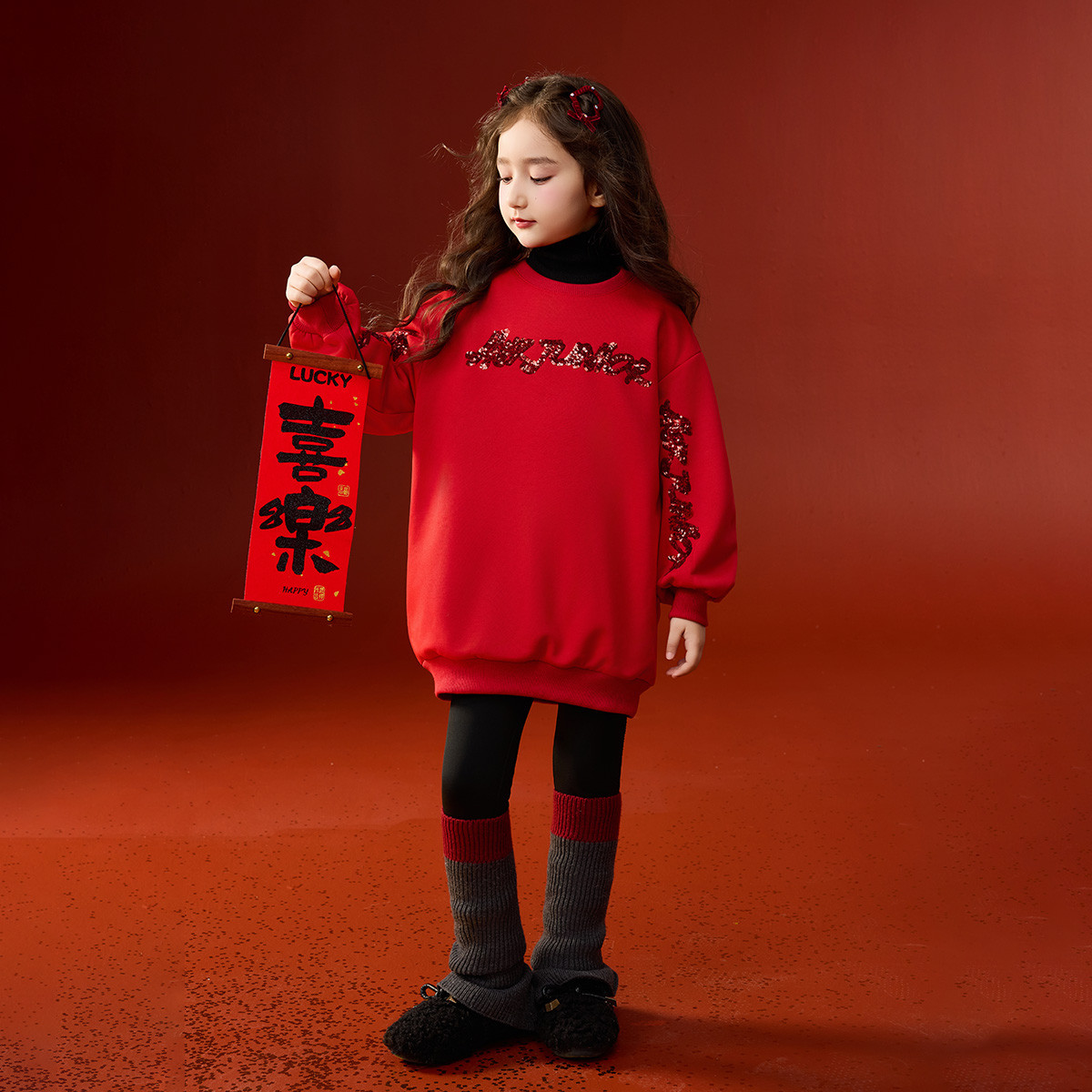 【拜年服】女童卫衣冬儿童加绒加厚保暖休闲卫衣裙青少年新年装2025