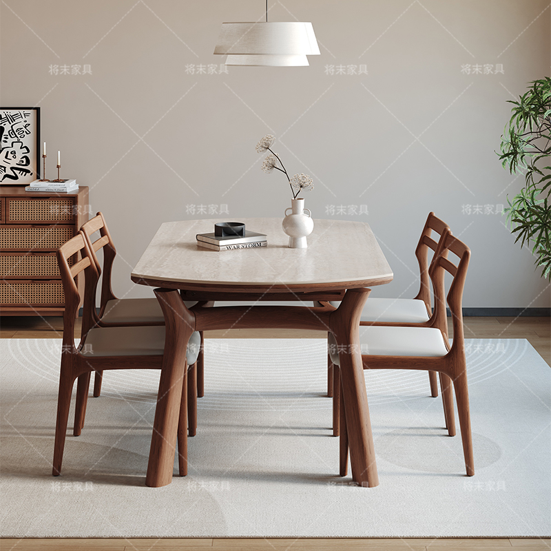 将末全新升级加厚六根白蜡木轨道洞石岩板折叠款原木风高品质餐桌