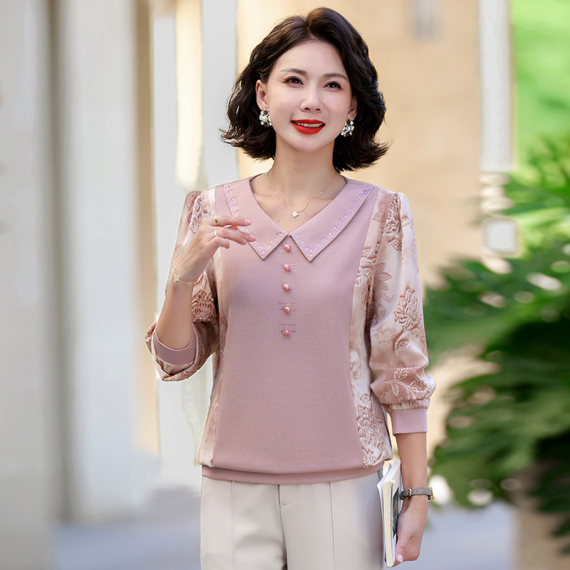 妈妈装秋季长袖小衫洋气百搭T恤中老年女春秋时尚宽松大码打底衫