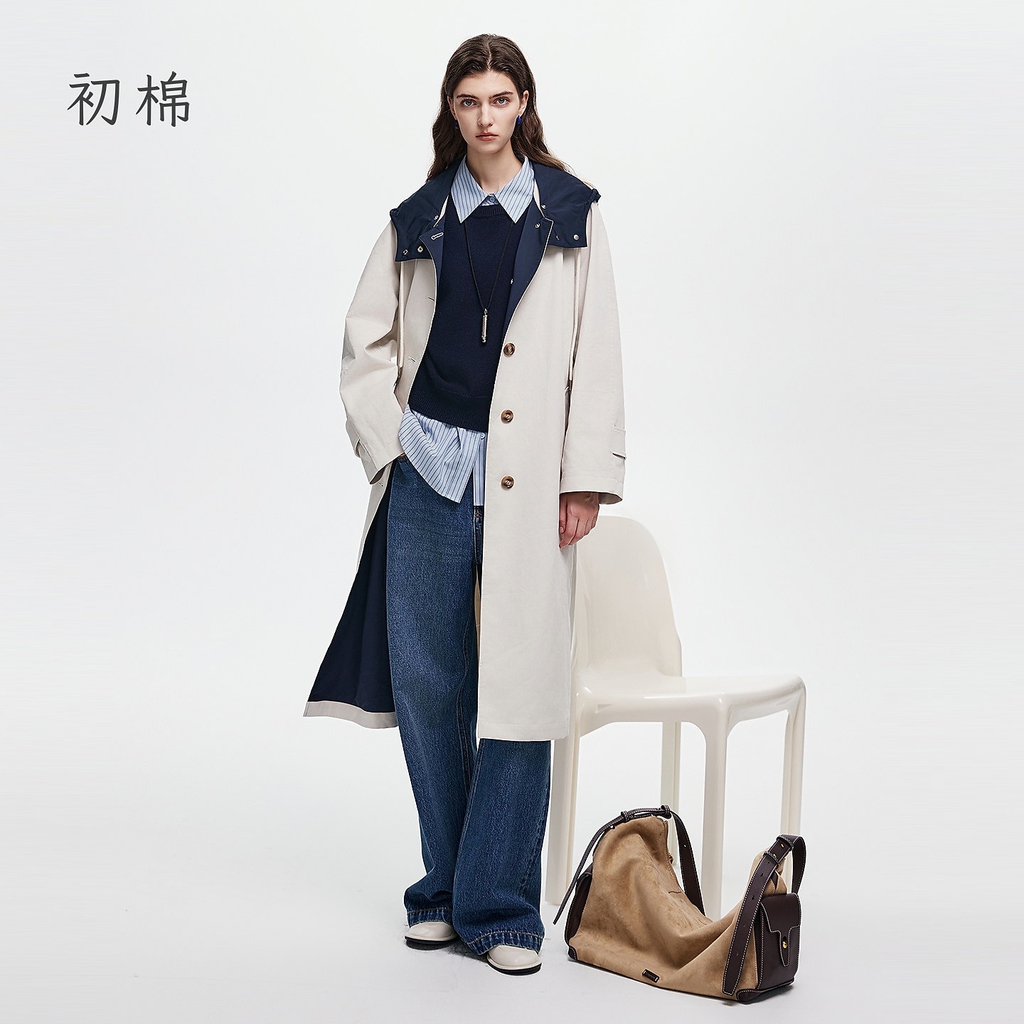 棉仓【初棉】长款撞色可脱卸帽风衣366609003