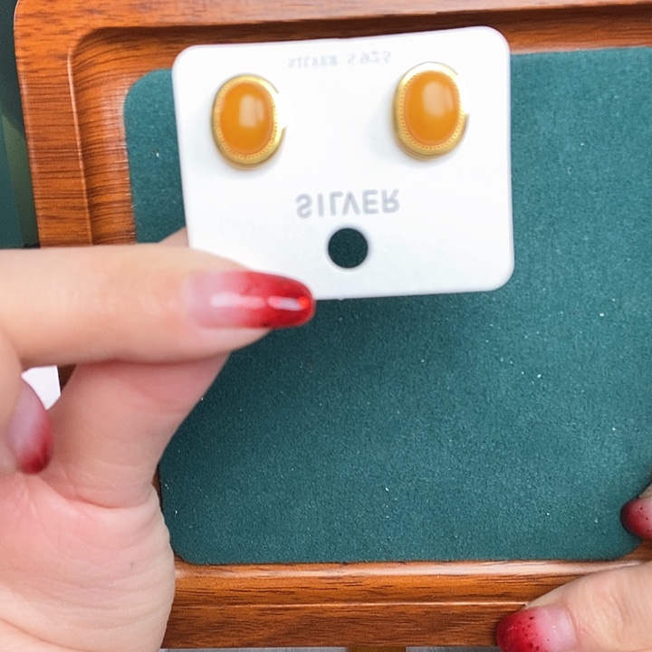 蜜蜡耳饰银S925镶嵌耳钉