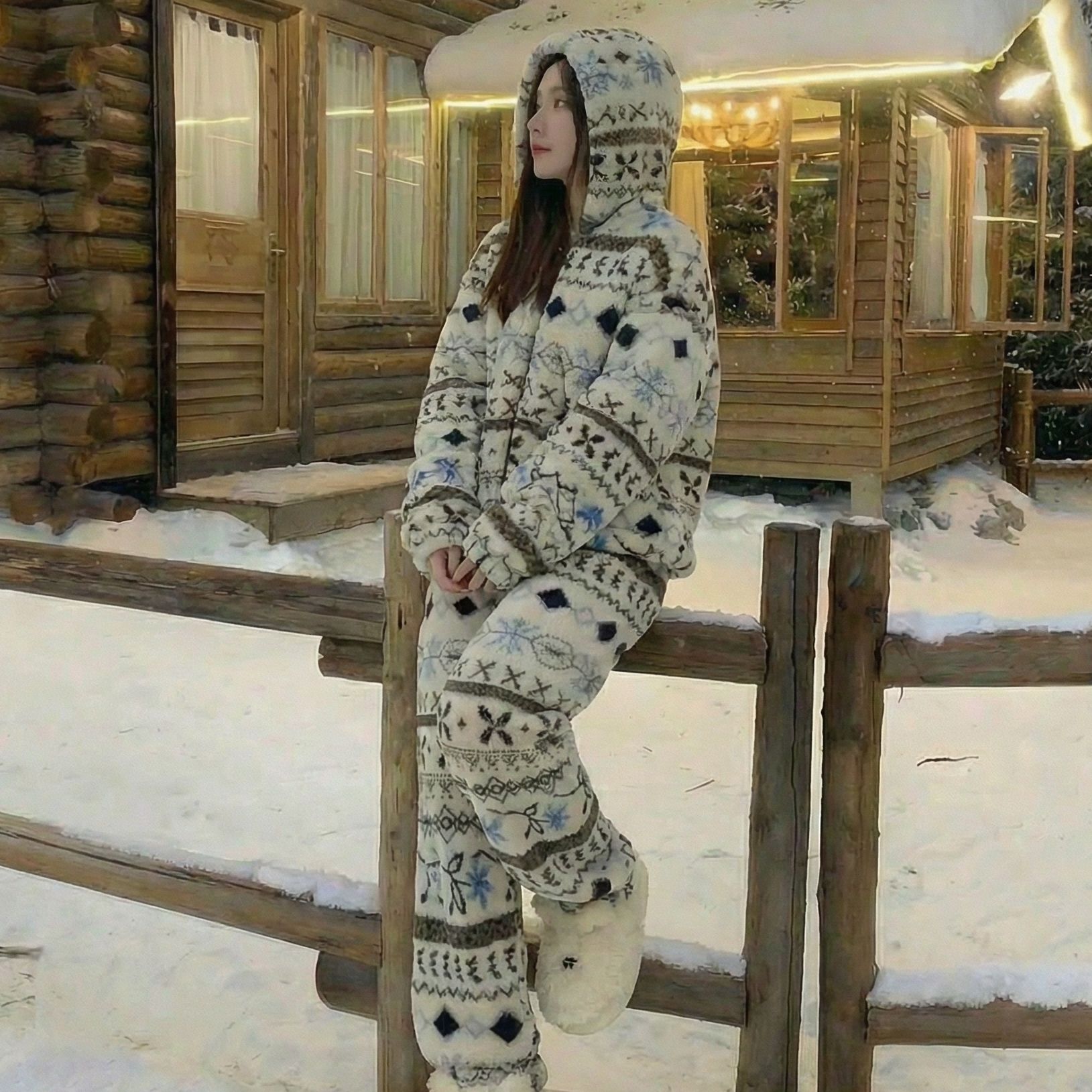 【费尔岛系列】冬季加绒加厚连帽款可外穿式毛绒睡衣套装女生家居服