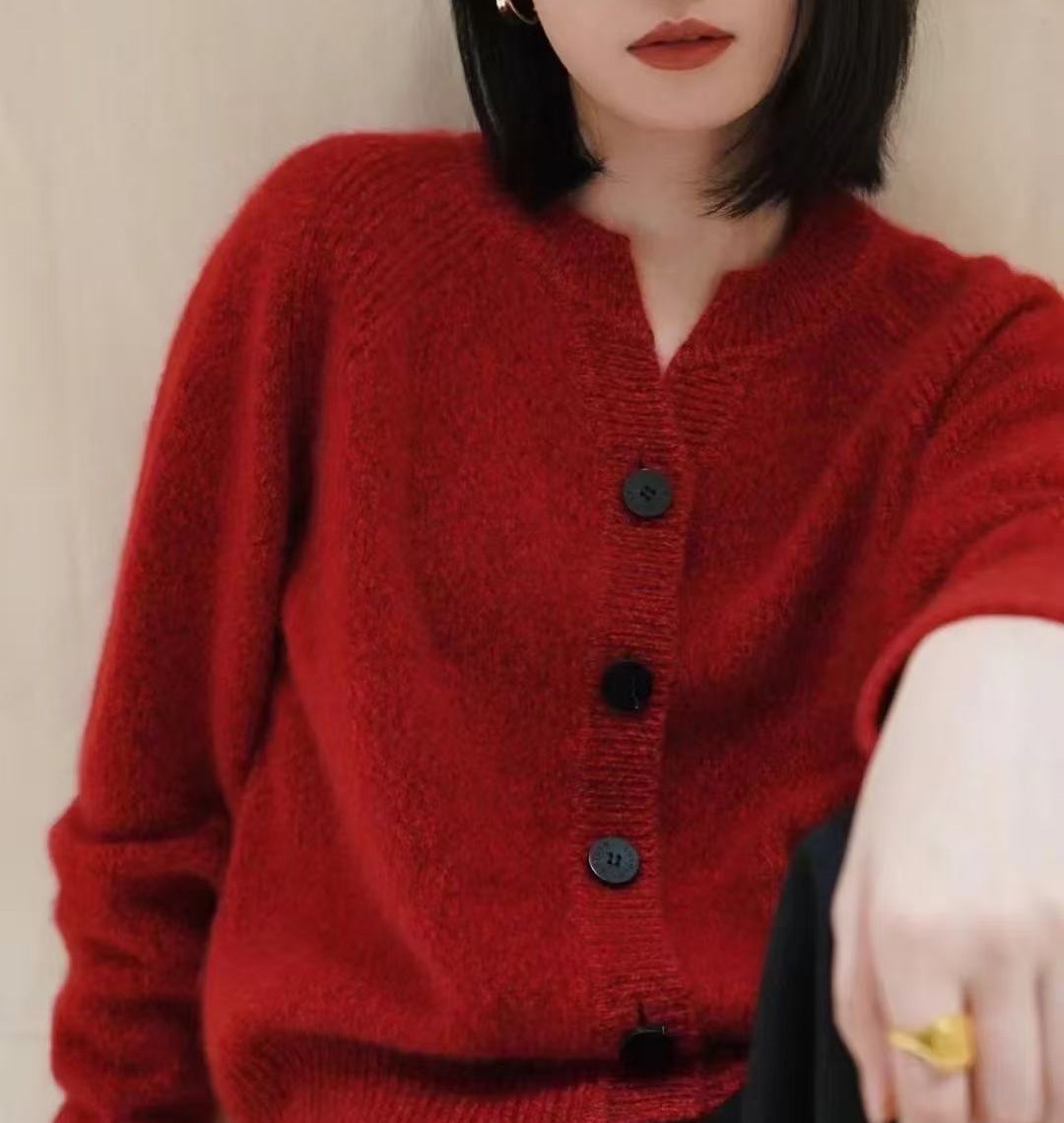 8619纯开衫女红色外套加厚秋冬
