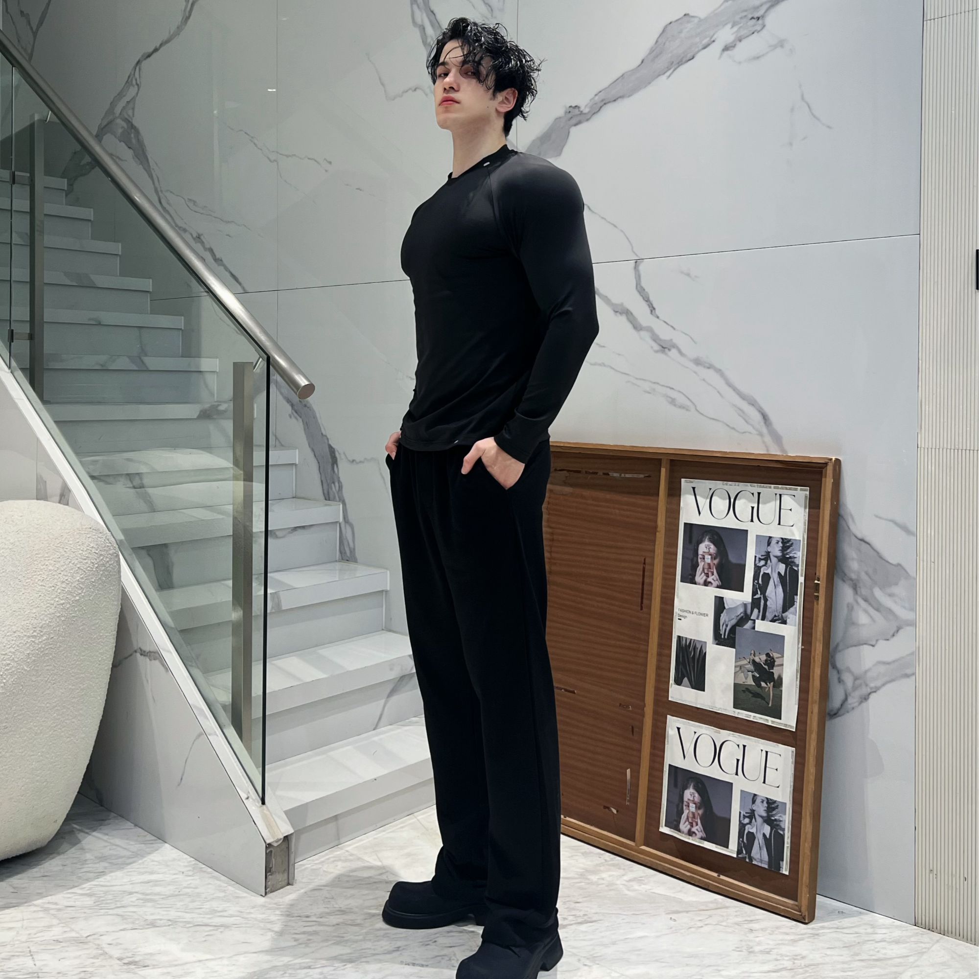 AOBOYUAN基础多巴胺雀蓝通勤毛圈弯刀版型直筒运动卫裤